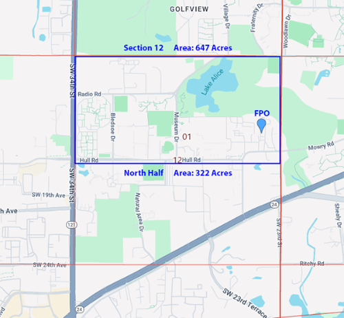 The image is a map highlighting Section 12 in blue, which covers an area of 647 acres, with its North Half marked separately as 322 acres, and includes landmarks such as Lake Alice, Hull Road, and surrounding streets in Gainesville, Florida.