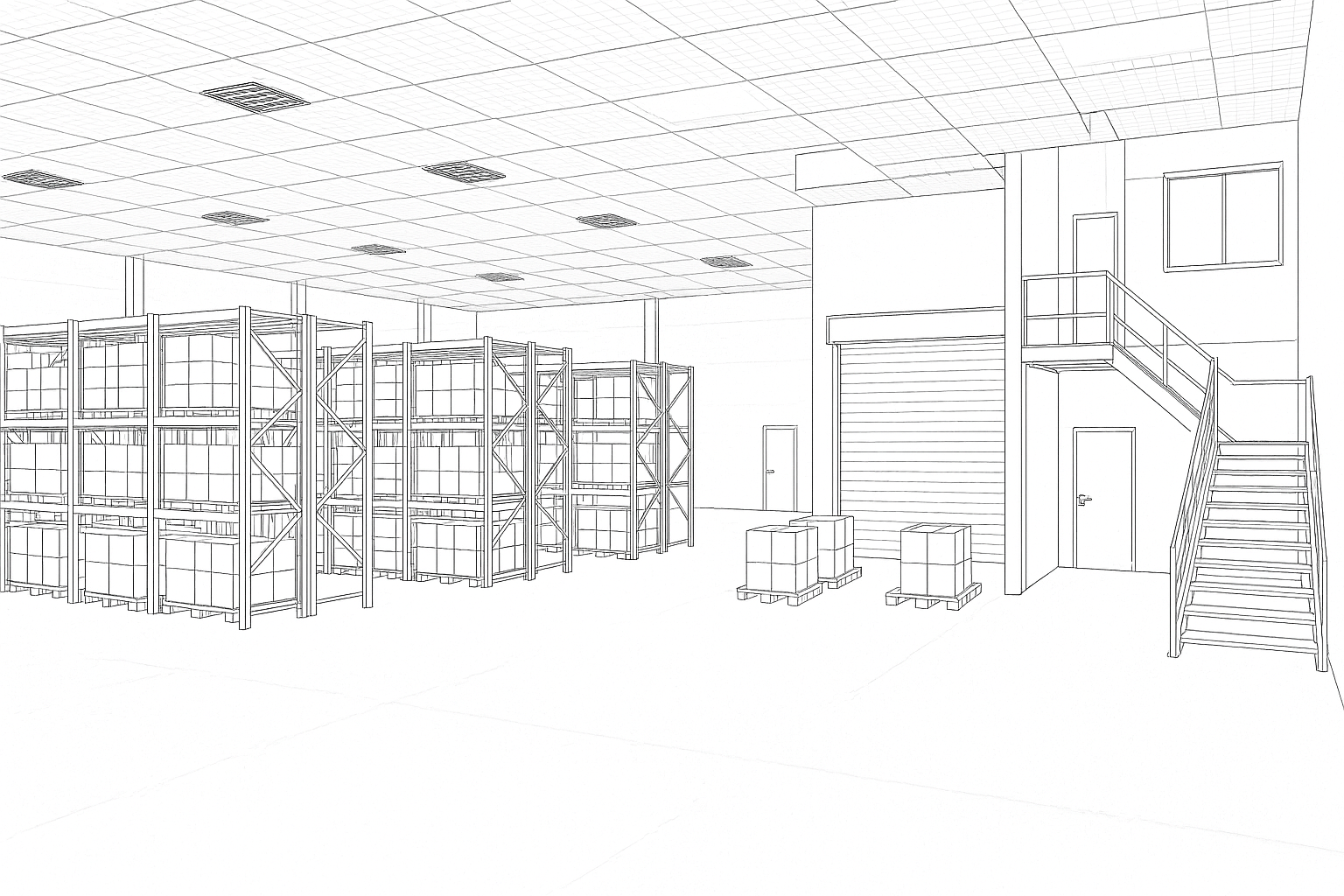 The image shows a wireframe design of a warehouse interior featuring multiple shelving units with stacked containers, two pallets on the floor, a staircase leading to an upper office area, and a large roll-up door for loading and unloading.